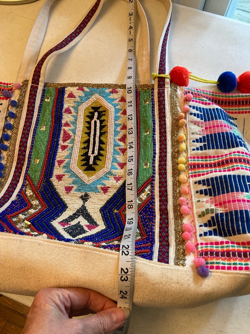 America & Beyond Boho Embroidered & Beaded  Tote Bag with Pom Pom Tassels - Picture 15 of 17